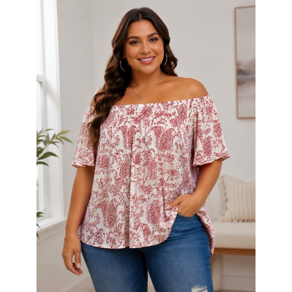 BloomChic Womens Plus Size 28 Off Shoulder Top Burgundy Paisley Floral Boho